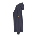 Women's navy hooded sweatshirt with long sleeves, ribbed trims and chest emblem