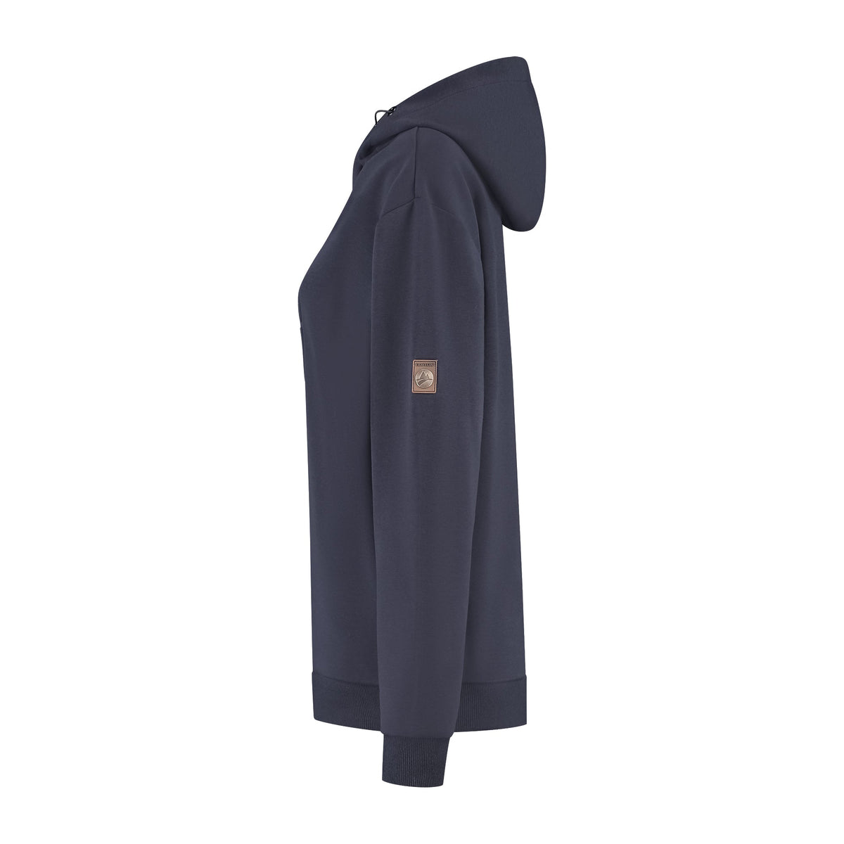 Women's navy hooded sweatshirt with long sleeves, ribbed trims and chest emblem