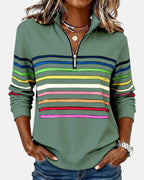 Women's striped quarter-zip sweatshirt with stand collar and long sleeves