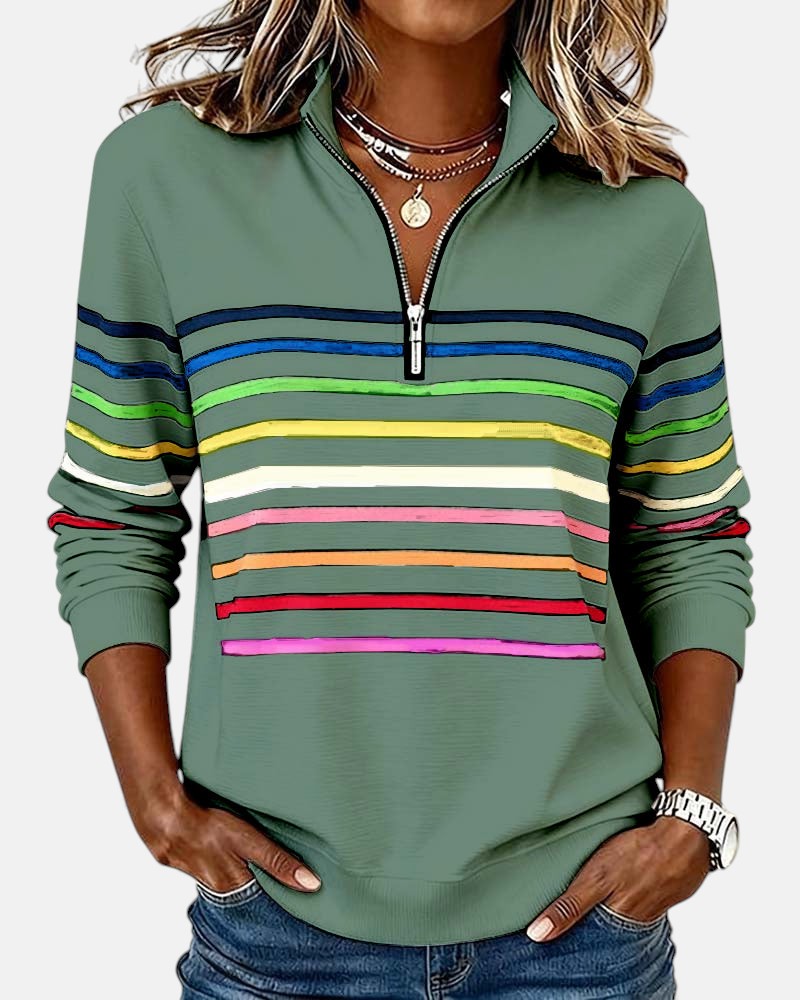 Women's striped quarter-zip sweatshirt with stand collar and long sleeves