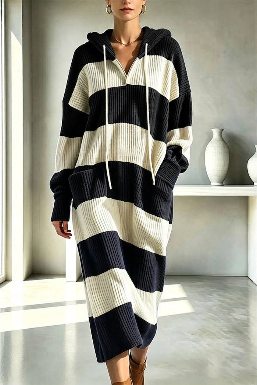 Women's hooded ribbed knit midi dress with broad horizontal stripes and front pockets