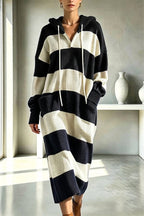 Women's hooded ribbed knit midi dress with broad horizontal stripes and front pockets