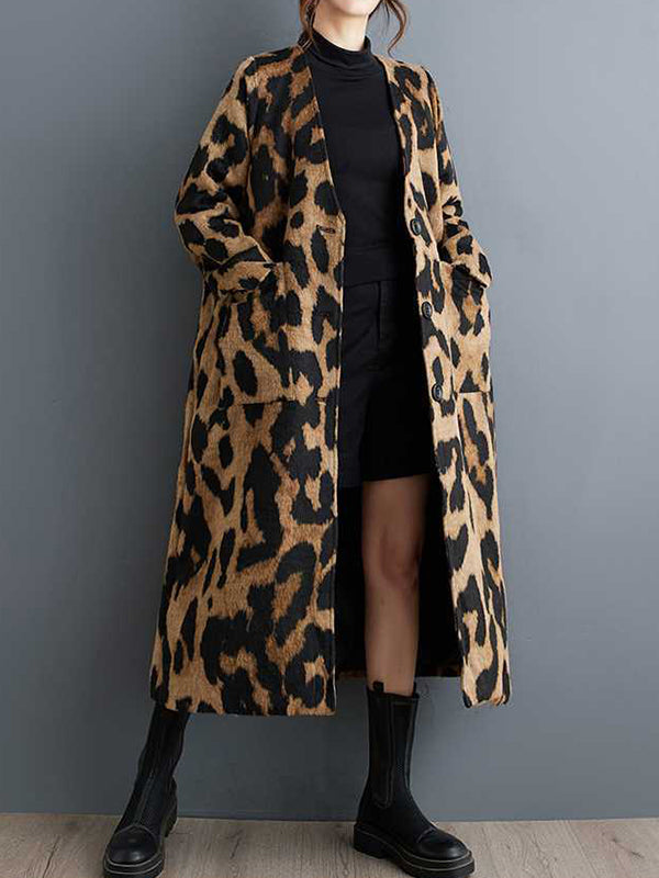 Women's brown leopard longline coat with buttons and patch pockets