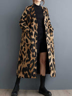 Women's brown leopard longline coat with buttons and patch pockets