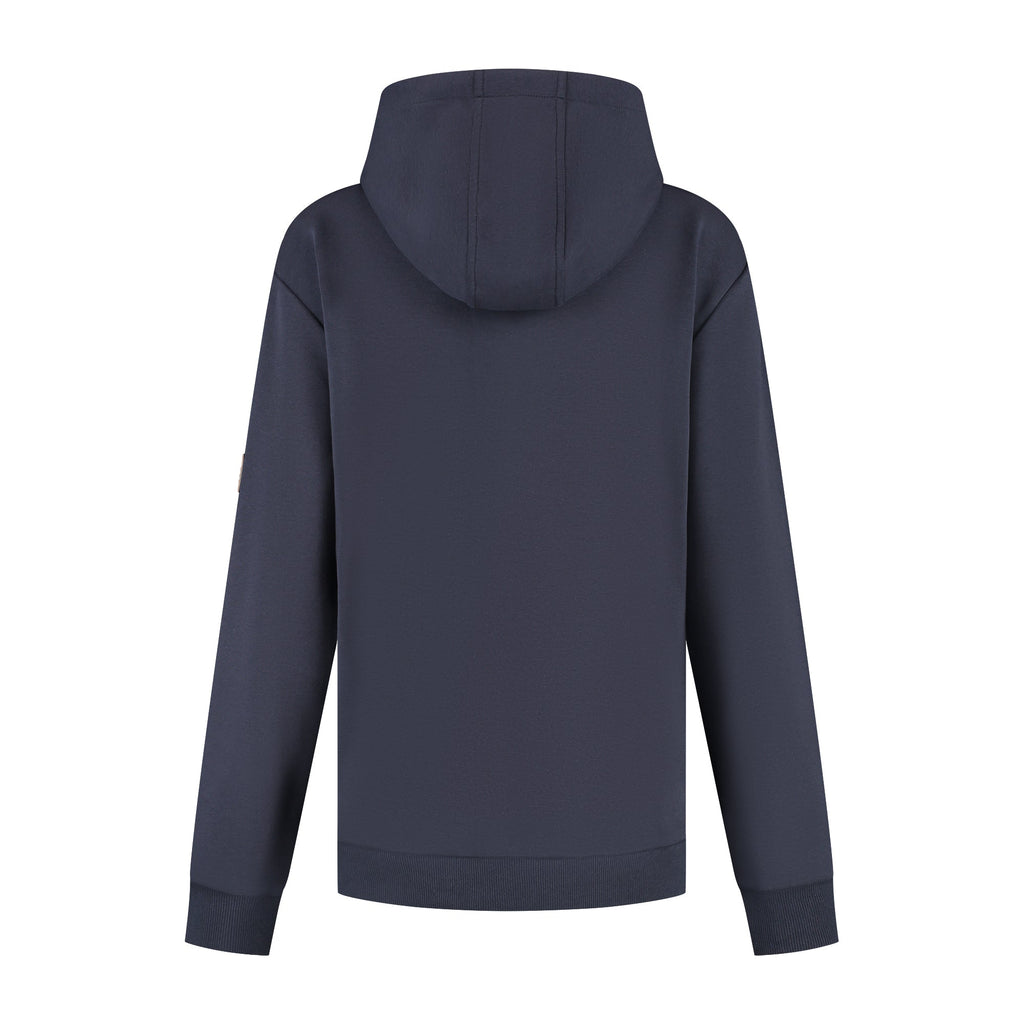 Women's navy hooded sweatshirt with long sleeves, ribbed trims and chest emblem