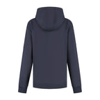 Women's navy hooded sweatshirt with long sleeves, ribbed trims and chest emblem