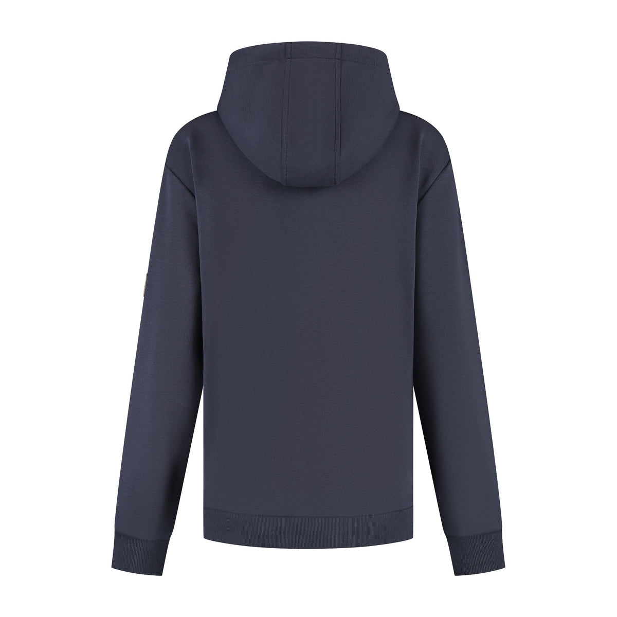 Women's navy hooded sweatshirt with long sleeves, ribbed trims and chest emblem