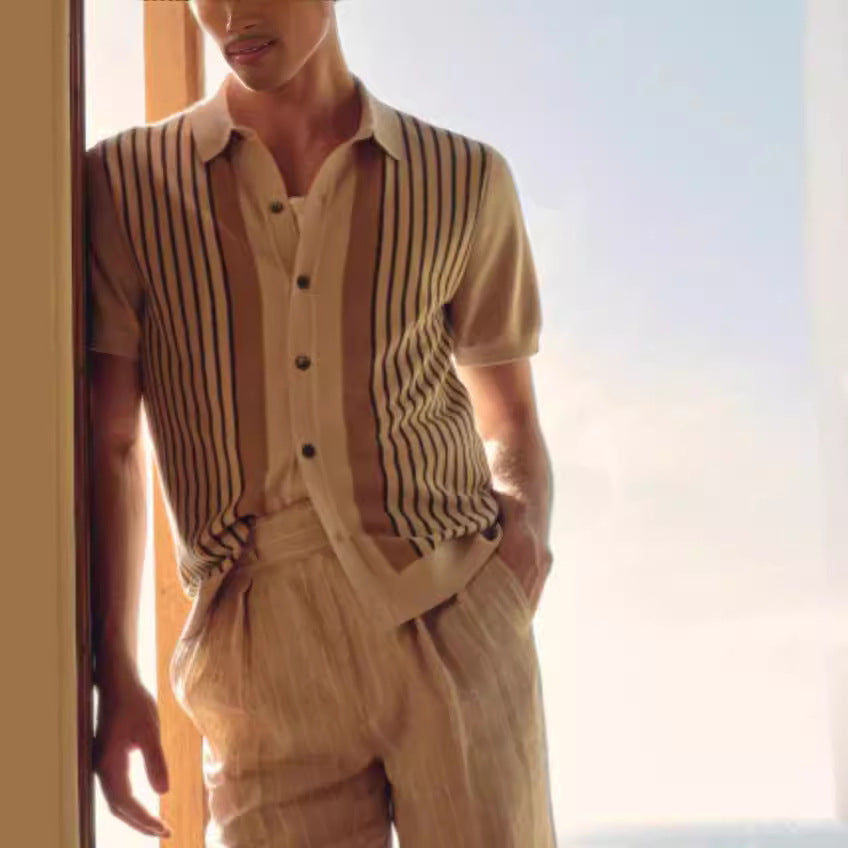 Men's beige knitted polo shirt with vertical stripes and buttons