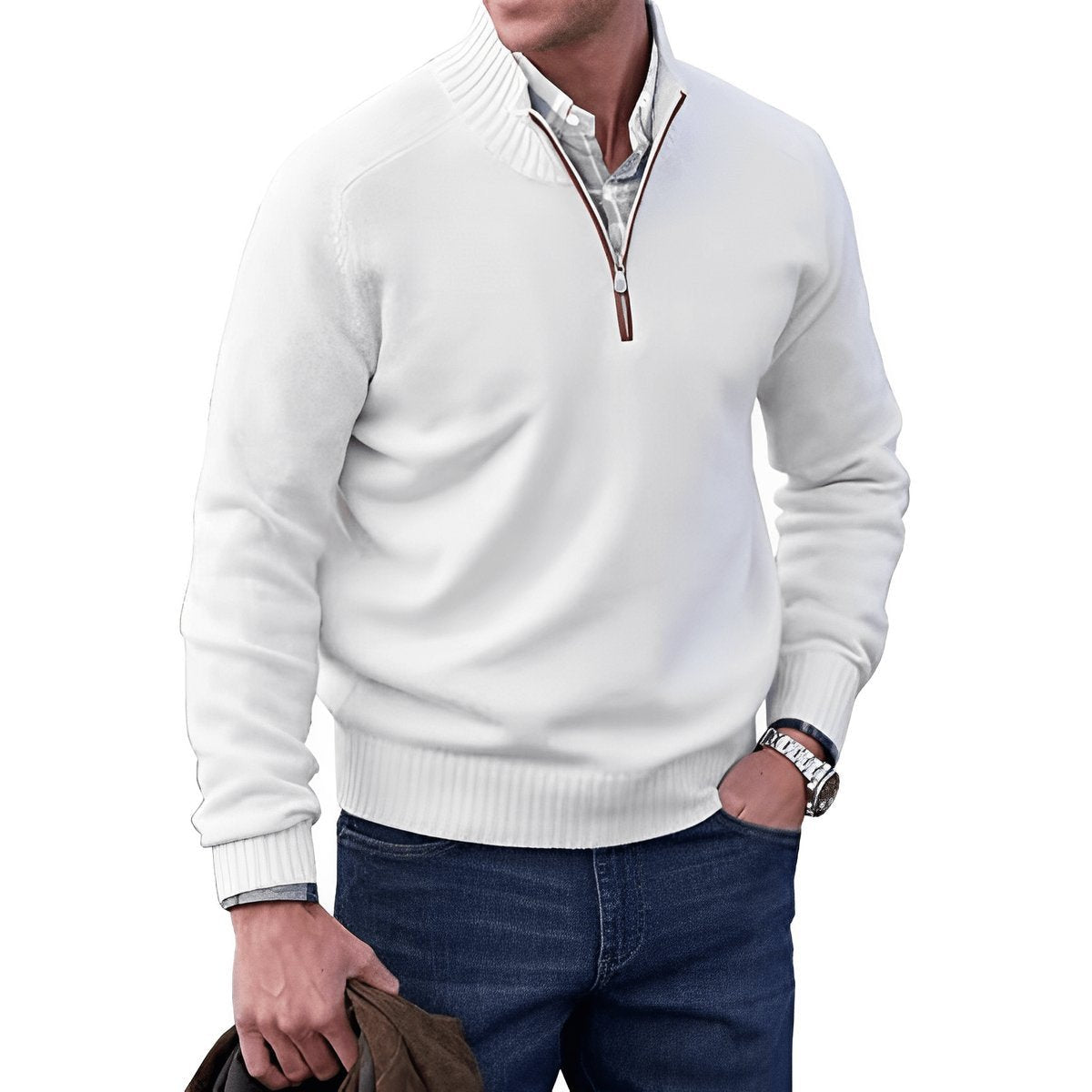 Men's quarter-zip knitted sweater with mock neck and ribbed trims