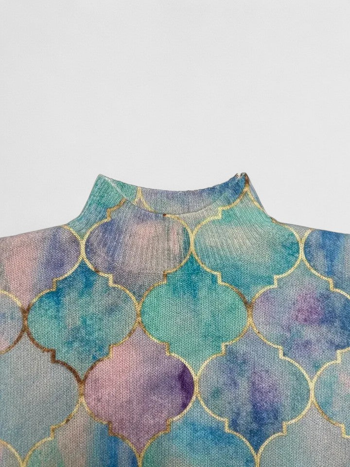 Women's multicolour geometric scale print turtleneck knit sweater with long sleeves