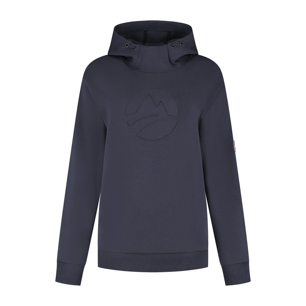 Women's navy hooded sweatshirt with long sleeves, ribbed trims and chest emblem