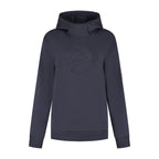 Women's navy hooded sweatshirt with long sleeves, ribbed trims and chest emblem