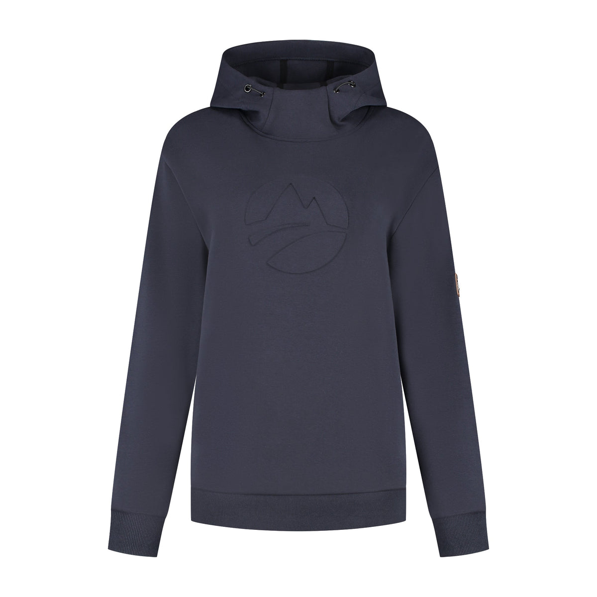Women's navy hooded sweatshirt with long sleeves, ribbed trims and chest emblem