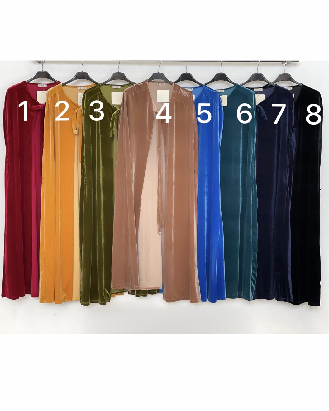 Women's long open front cape with draped panels and front tie detail