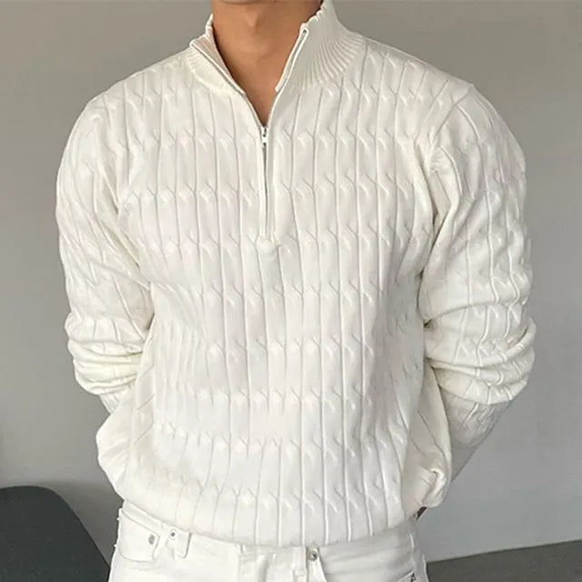 Half-zip ribbed sweater with mock neck and long sleeves