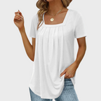 Women's short-sleeve pleated blouse with square neckline