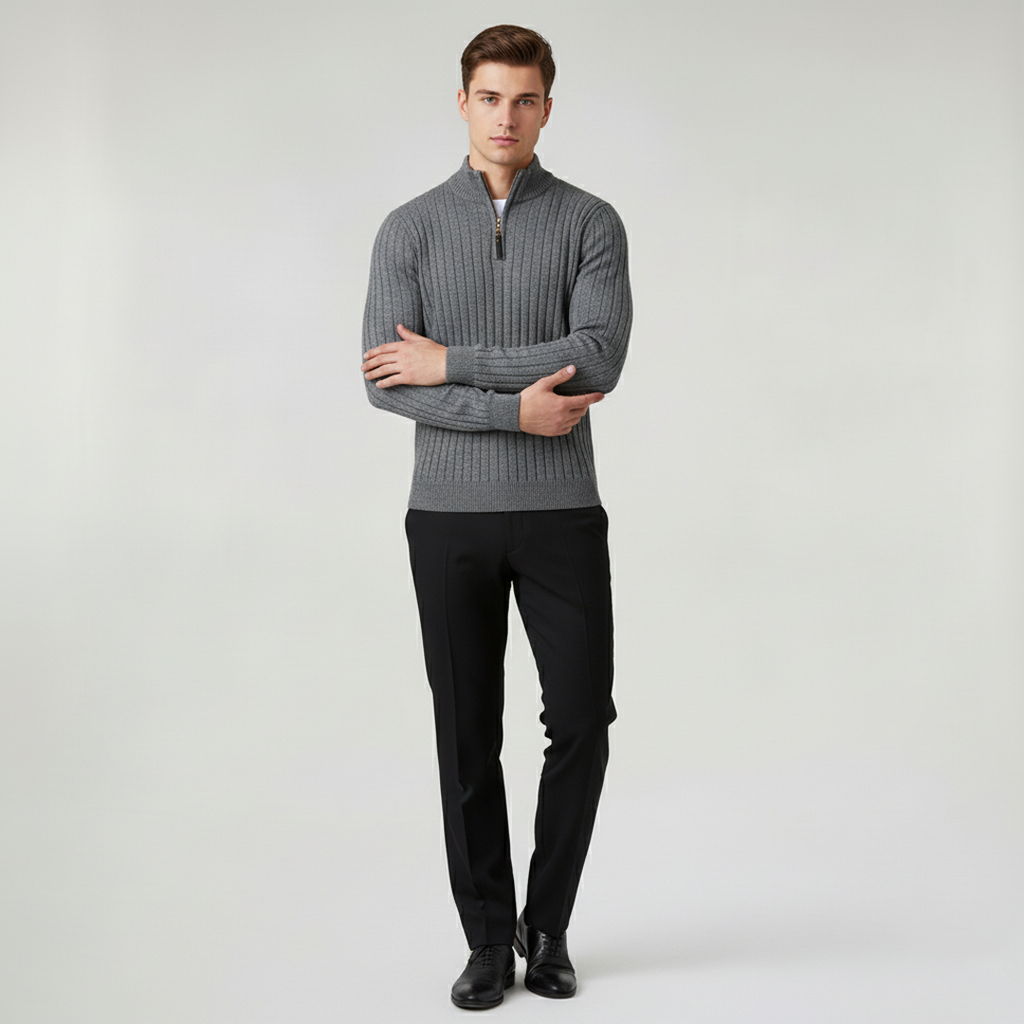Men's ribbed half-zip jumper with high collar and long sleeves