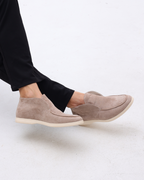 Suede loafers with moc stitching and contrasting light soles