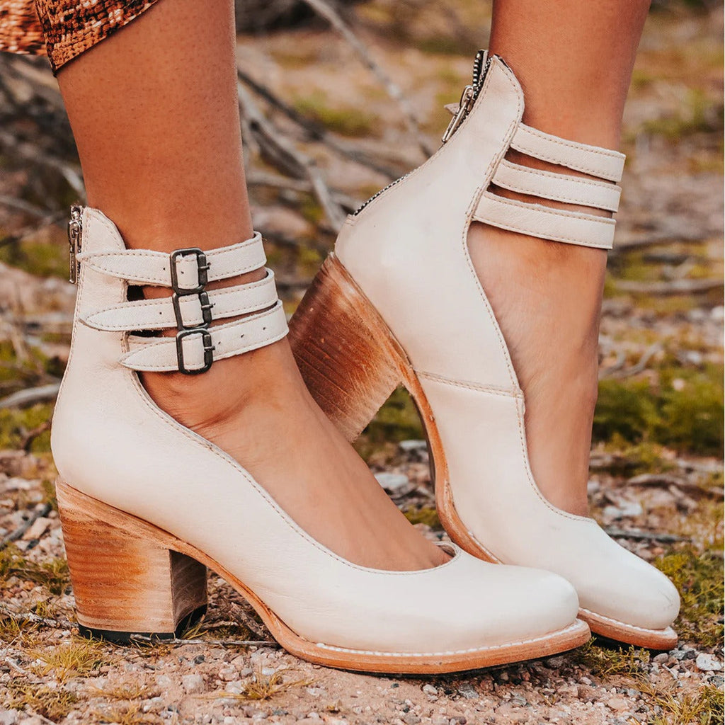 Women's ankle boots with three buckle straps and block heel