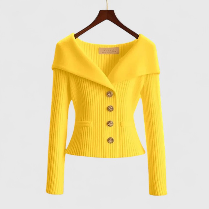 Women's ribbed button cardigan with wide collar and long sleeves