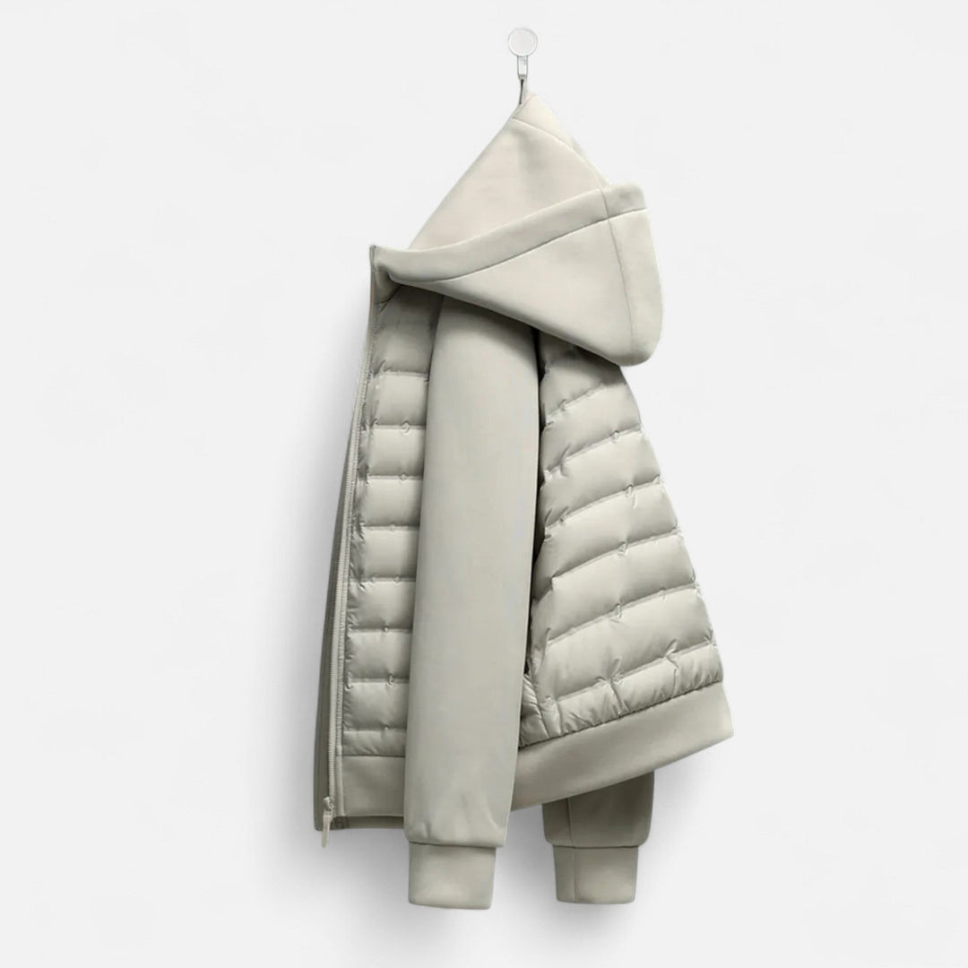 Men's hooded jacket with quilted front panels, knit sleeves and zip front