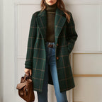 Women's long checkered coat with notched lapels and button front