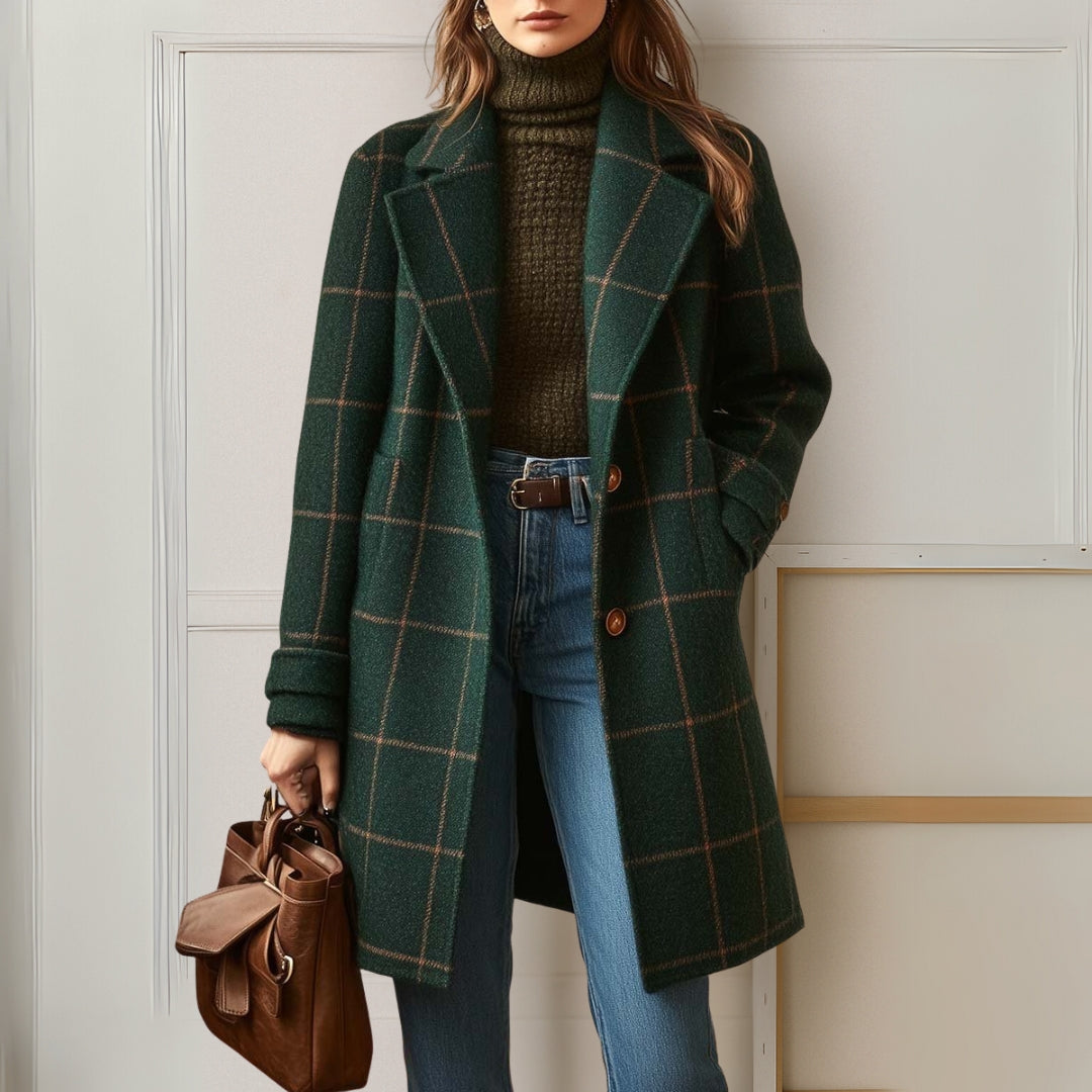 Women's long checkered coat with notched lapels and button front