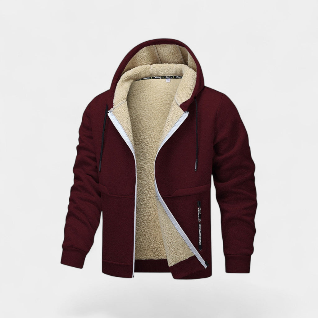 Men's hooded zip cardigan with contrasting sherpa-style lining