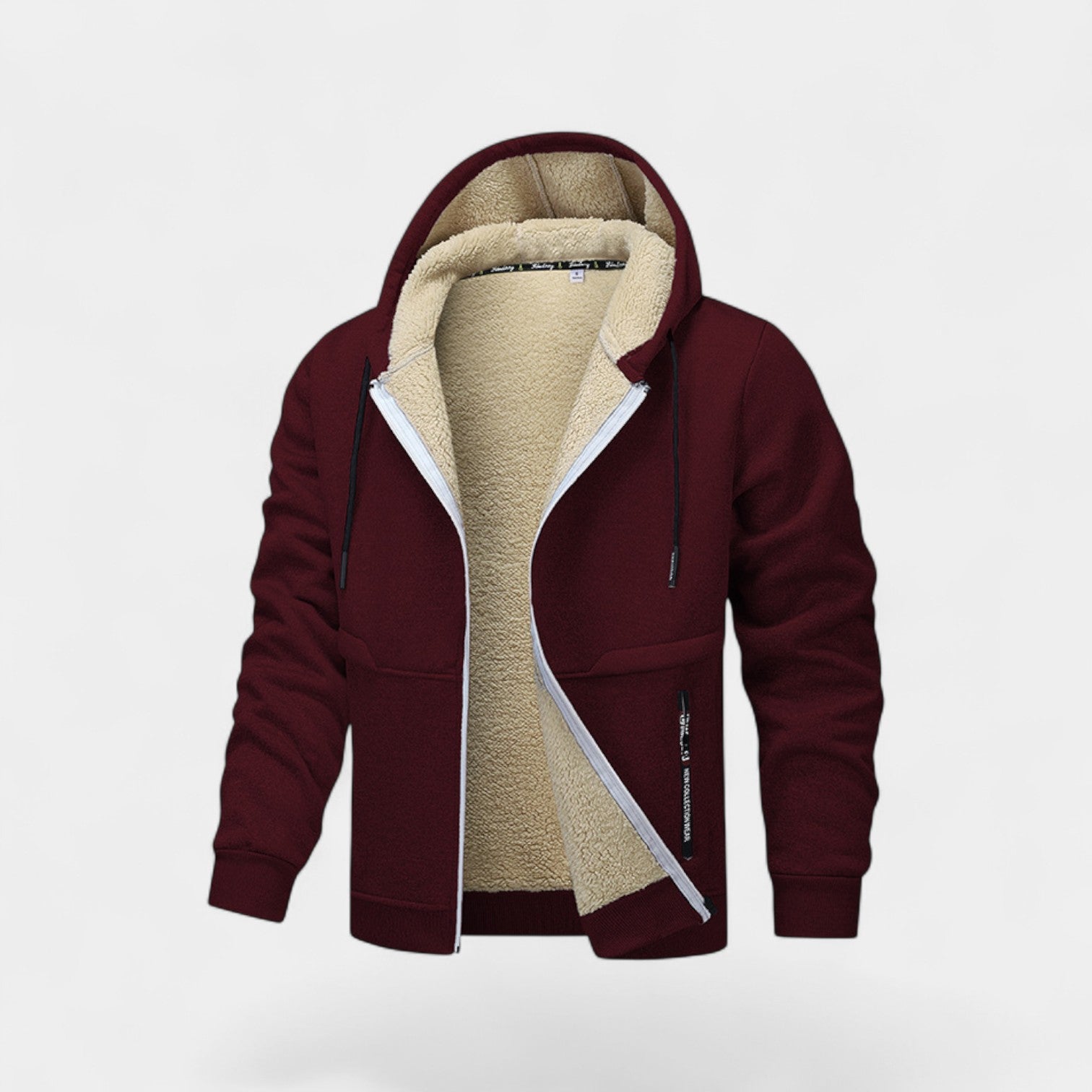 Men's hooded zip cardigan with contrasting sherpa-style lining