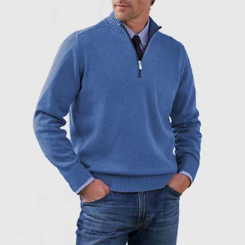 Men's quarter zip mock neck jumper with long sleeves and ribbed trims