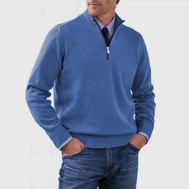 Men's quarter zip mock neck jumper with long sleeves and ribbed trims