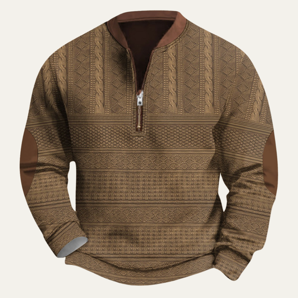 Men's patterned half-zip sweater with mock neck and brown elbow patches