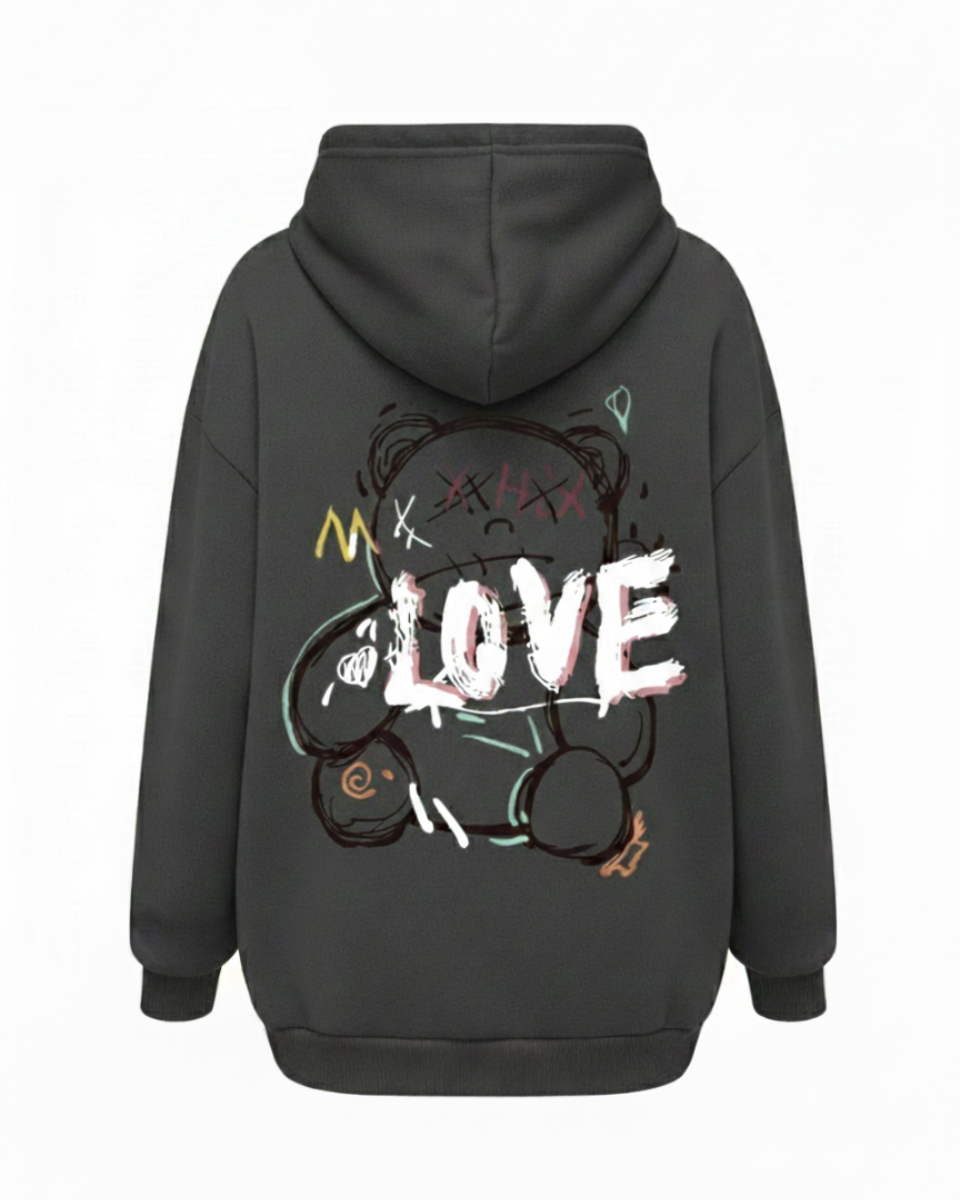 Unisex oversized hooded sweatshirt with illustrated LOVE graphic on the back