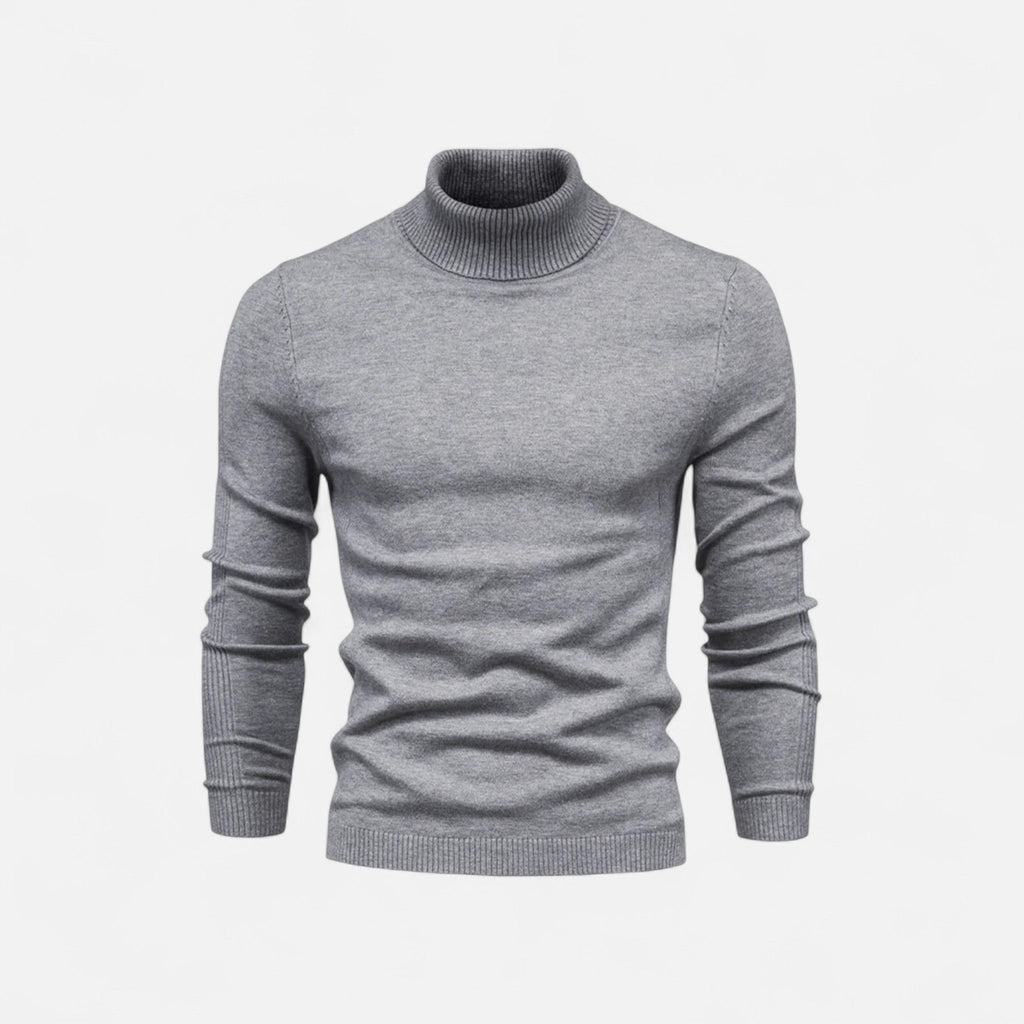 Men's half-zip knit sweater with raised turtleneck collar
