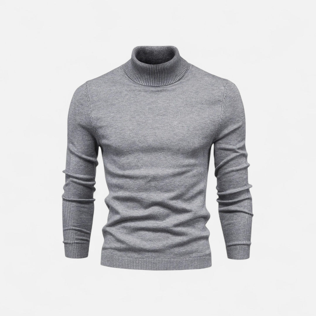 Men's half-zip knit sweater with raised turtleneck collar