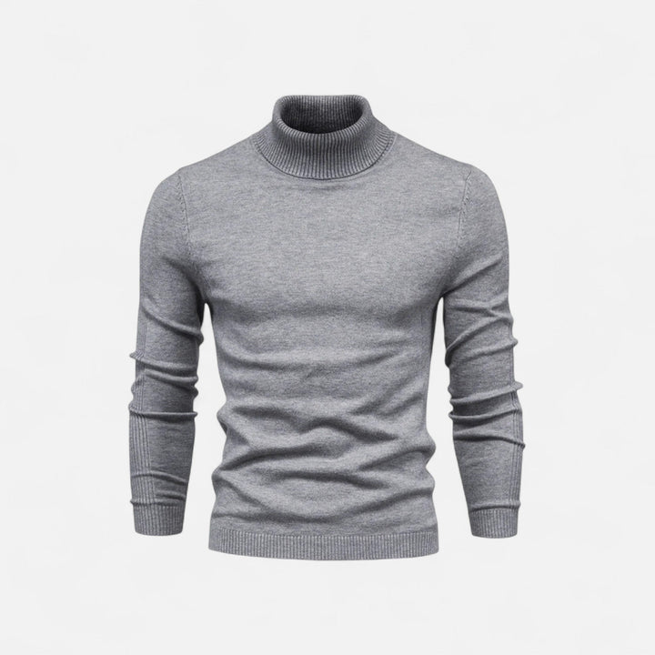 Men's half-zip knit sweater with raised turtleneck collar