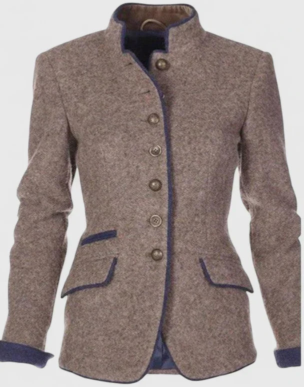 Women's button front jacket with Mandarin collar, long sleeves and contrast-trimmed pockets