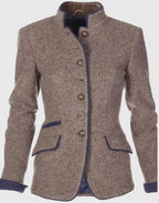 Women's button front jacket with Mandarin collar, long sleeves and contrast-trimmed pockets
