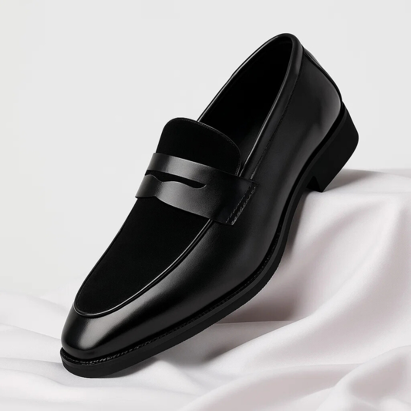 Men's navy and black penny loafers with almond toe and low heel