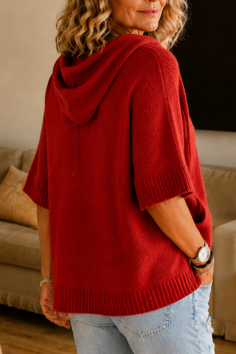 Women's open-knit hoodie with drawstring hood and short sleeves