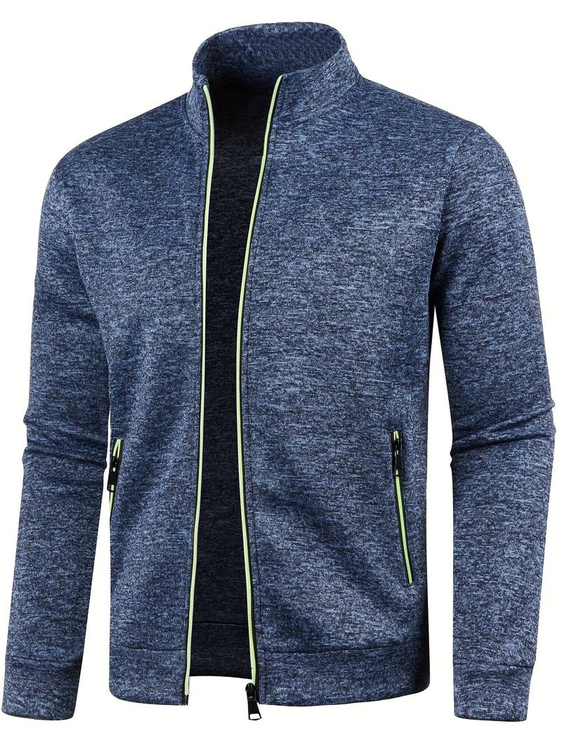 Men's textured zip-up cardigan with stand collar and zipped pockets