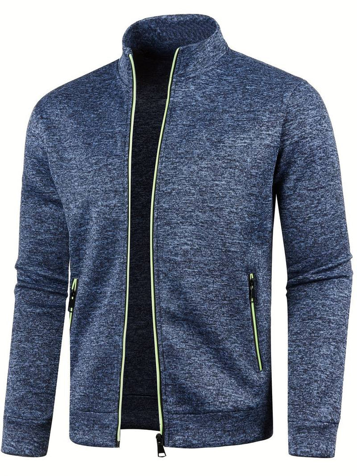 Men's textured zip-up cardigan with stand collar and zipped pockets