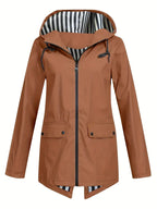 Women's hooded rain jacket with striped lining and flap pockets