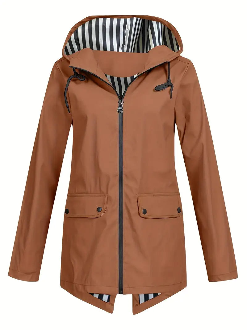 Women's hooded rain jacket with striped lining and flap pockets
