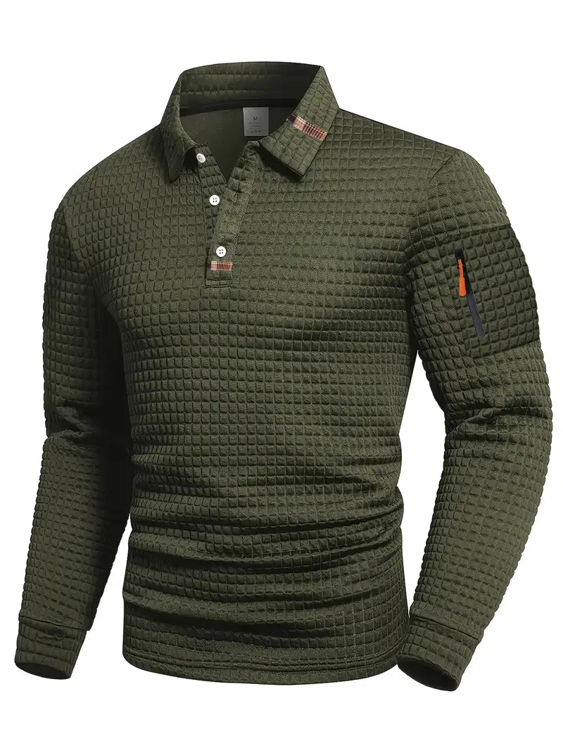 Men's long-sleeve textured quilted polo sweater with button placket and sleeve zip pocket