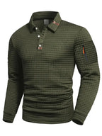 Men's long-sleeve textured quilted polo sweater with button placket and sleeve zip pocket