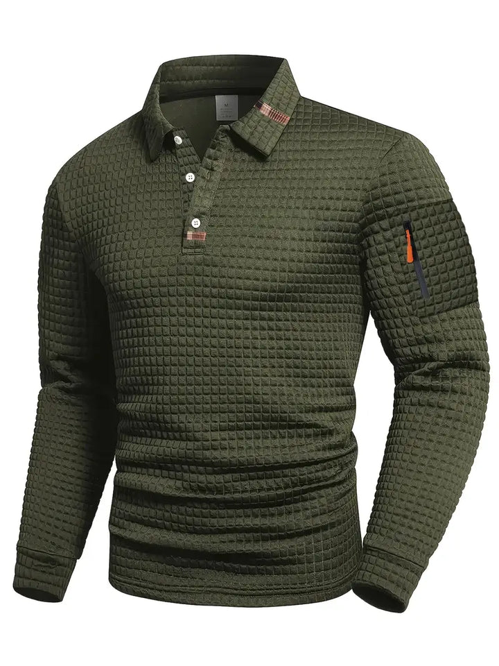 Men's long-sleeve textured quilted polo sweater with button placket and sleeve zip pocket