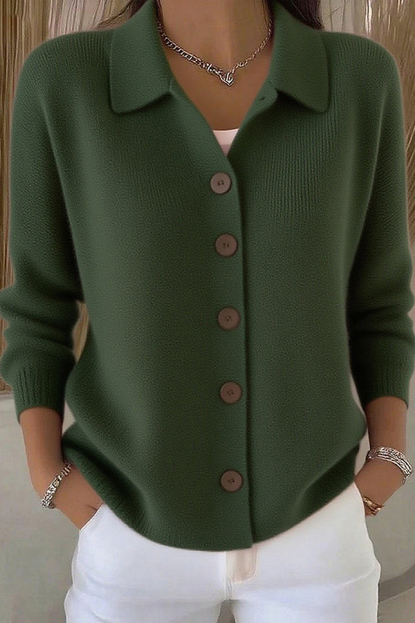 Women's plain knit cardigan with shirt collar, long sleeves and button front