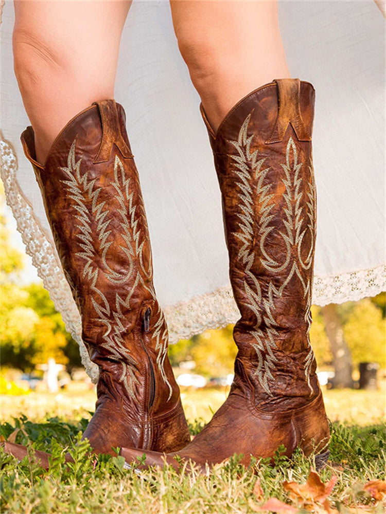 Women's knee-high Western cowboy boots with embroidered shafts