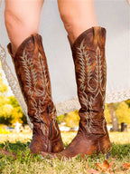 Women's knee-high Western cowboy boots with embroidered shafts